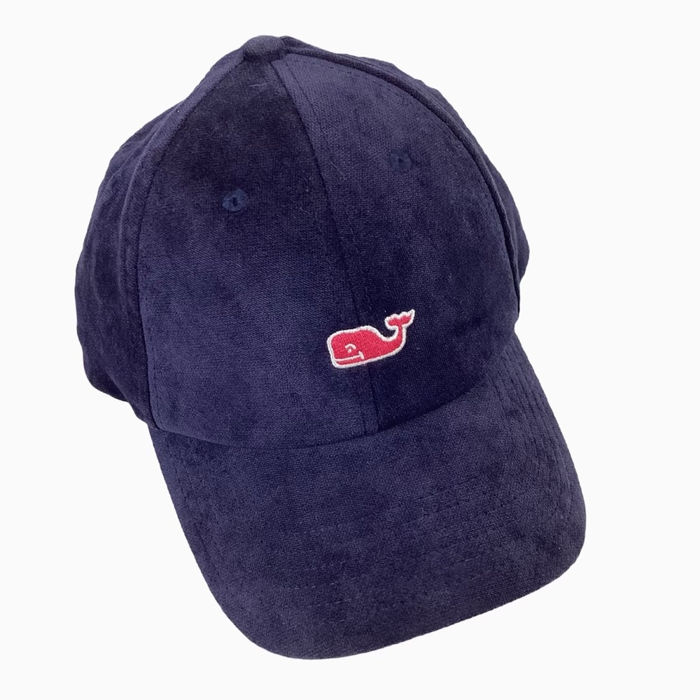 Vineyard Vines Whale Logo Leather Strap Cotton Velvet Baseball Hat. Navy